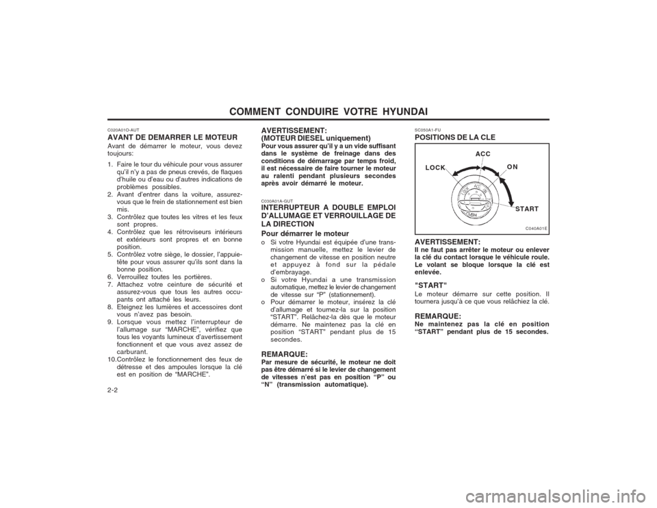 Hyundai Elantra 2003  Manuel du propriétaire (in French) COMMENT CONDUIRE VOTRE HYUNDAI
2-2
C020A01O-AUT AVANT DE DEMARRER LE MOTEURAvant de démarrer le moteur, vous devez toujours: 
1. Faire le tour du véhicule pour vous assurer
qu’il n’y a pas de pn