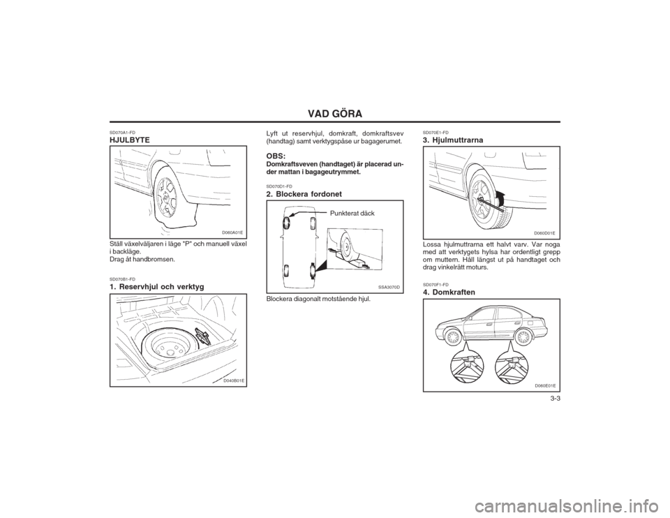 Hyundai Elantra 2003 Ägarmanual (in Swedish) 3-3
VAD GÖRA
SD070A1-FD HJULBYTE Ställ växelväljaren i läge "P" och manuell växel i backläge.Drag åt handbromsen. Lyft ut reservhjul, domkraft, domkraftsvev(handtag) samt verktygspåse ur ba Hyundai Elantra 2003 Ägarmanual (in Swedish) 3-3
VAD GÖRA
SD070A1-FD HJULBYTE Ställ växelväljaren i läge "P" och manuell växel i backläge.Drag åt handbromsen. Lyft ut reservhjul, domkraft, domkraftsvev(handtag) samt verktygspåse ur ba