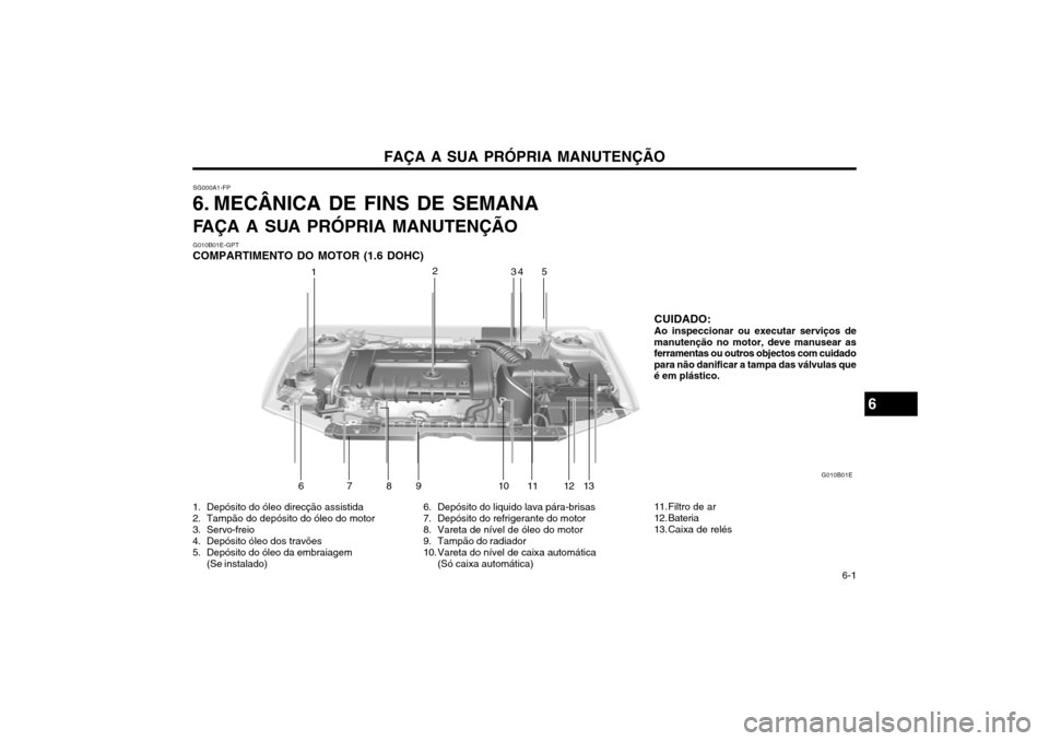 Hyundai Elantra 2002 Manual do proprietário (in Portuguese) FAÇA A SUA PRÓPRIA MANUTENÇÃO 6-1
SG000A1-FP
6. MECÂNICA DE FINS DE SEMANA
FAÇA A SUA PRÓPRIA MANUTENÇÃO
CUIDADO: Ao inspeccionar ou executar serviços de
manutenção no motor, deve manu Hyundai Elantra 2002 Manual do proprietário (in Portuguese) FAÇA A SUA PRÓPRIA MANUTENÇÃO 6-1
SG000A1-FP
6. MECÂNICA DE FINS DE SEMANA
FAÇA A SUA PRÓPRIA MANUTENÇÃO
CUIDADO: Ao inspeccionar ou executar serviços de
manutenção no motor, deve manu