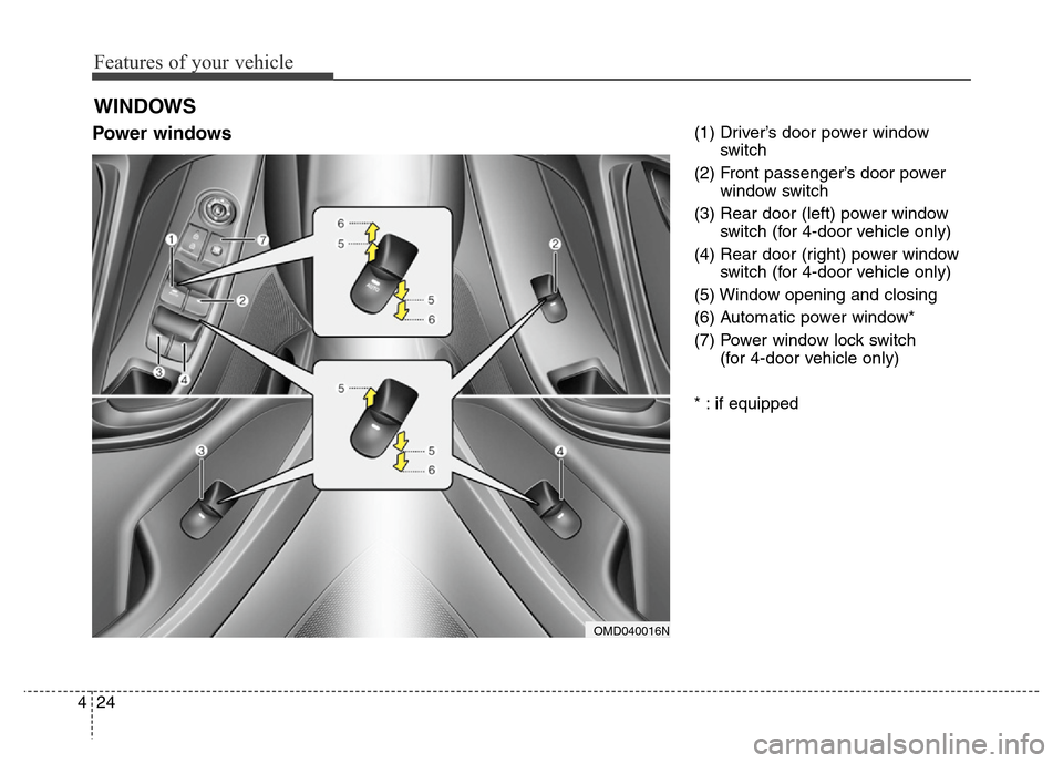 Hyundai Elantra Coupe 2016 Owners Manual Features of your vehicle
24 4
Power windows(1) Driver’s door power window
switch
(2) Front passenger’s door power
window switch
(3) Rear door (left) power window
switch (for 4-door vehicle only)
( Hyundai Elantra Coupe 2016 Owners Manual Features of your vehicle
24 4
Power windows(1) Driver’s door power window
switch
(2) Front passenger’s door power
window switch
(3) Rear door (left) power window
switch (for 4-door vehicle only)
(