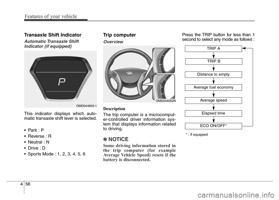 Hyundai Elantra Coupe 2016  Owners Manual Features of your vehicle
56 4
Transaxle Shift Indicator
Automatic Transaxle  Shift
Indicator (if equipped)
This indicator displays which auto-
matic transaxle shift lever is selected.
•Park :P
• R