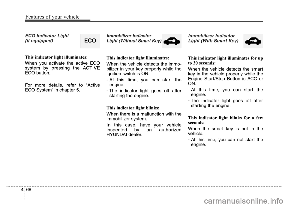 Hyundai Elantra Coupe 2016  Owners Manual Features of your vehicle
68 4
ECO Indicator Light 
(if equipped)
This indicator light illuminates:
When you activate the active ECO
system by pressing the ACTIVE
ECO button.
For more details, refer to