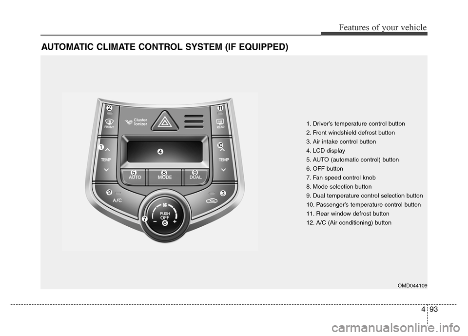 Hyundai Elantra Coupe 2016  Owners Manual 493
Features of your vehicle
AUTOMATIC CLIMATE CONTROL SYSTEM (IF EQUIPPED)
1. Driver’s temperature control button
2. Front windshield defrost button
3. Air intake control button
4. LCD display
5. A