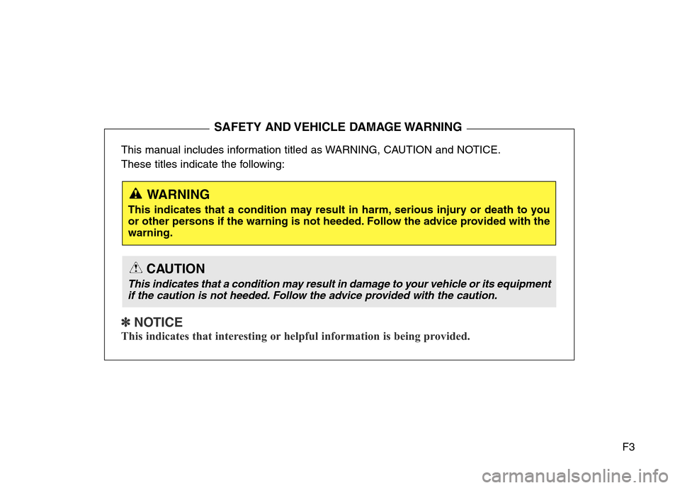 Hyundai Elantra Coupe 2016  Owners Manual F3 This manual includes information titled as WARNING, CAUTION and NOTICE.
These titles indicate the following:
✽ NOTICE
This indicates that interesting or helpful information is being provided.
SAF