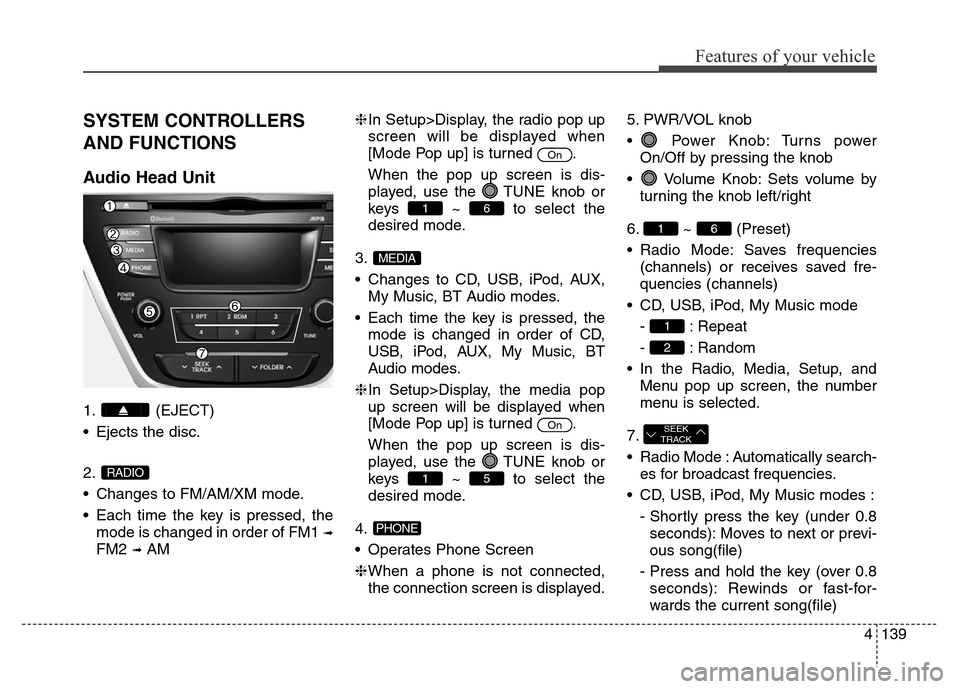 Hyundai Elantra Coupe 2016  Owners Manual 4139
Features of your vehicle
SYSTEM CONTROLLERS
AND FUNCTIONS
Audio Head Unit
1. (EJECT)
• Ejects the disc.
2.
• Changes to FM/AM/XM mode.
• Each time the key is pressed, the
mode is changed in