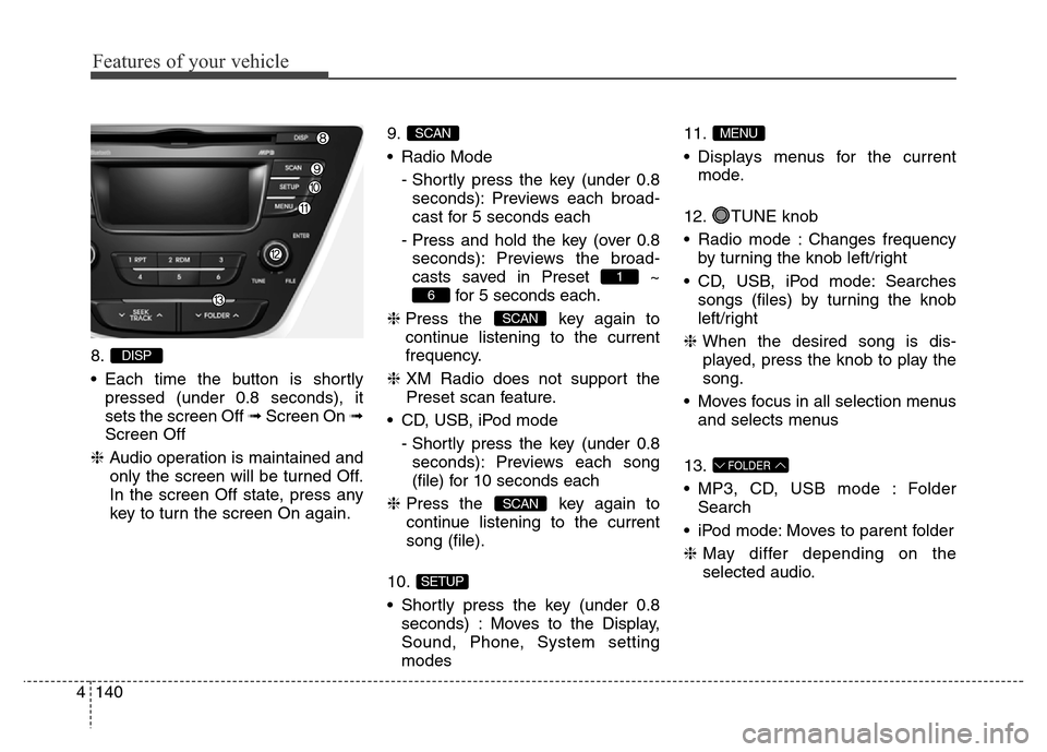 Hyundai Elantra Coupe 2016  Owners Manual Features of your vehicle
140 4
8.
• Each time the button is shortly
pressed (under 0.8 seconds), it
sets the screen Off ➟Screen On ➟
Screen Off
❈Audio operation is maintained and
only the scre