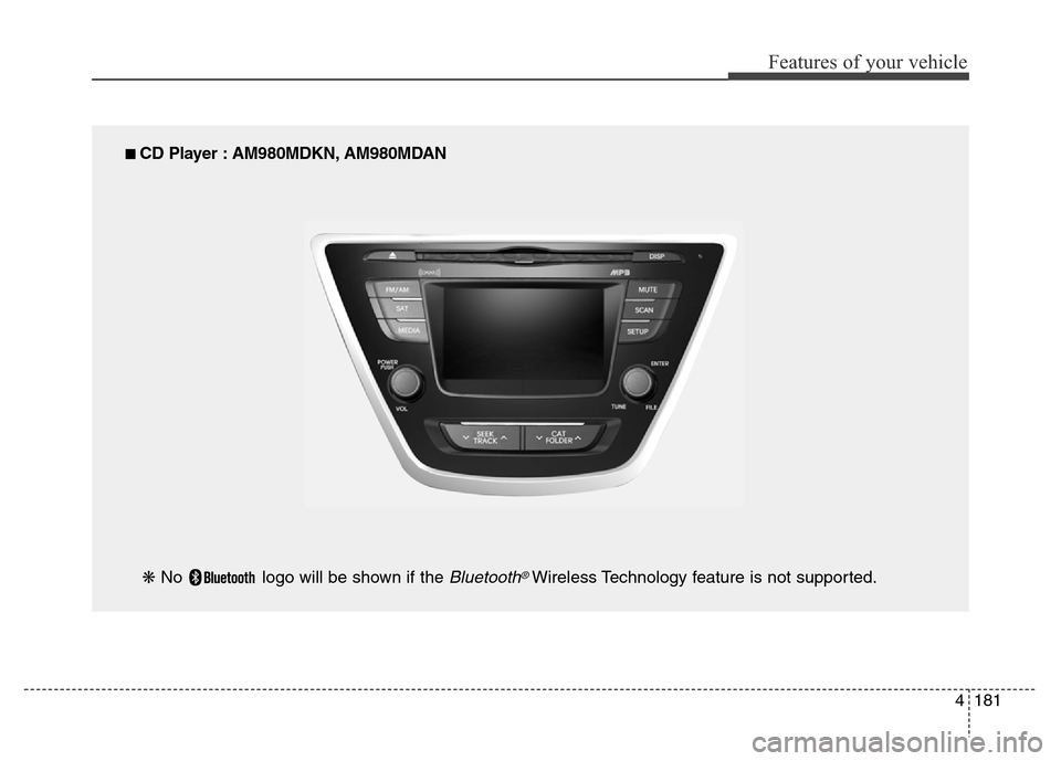 Hyundai Elantra Coupe 2016  Owners Manual 4181
Features of your vehicle
■ CD Player : AM980MDKN, AM980MDAN
❋ No  logo will be shown if the Bluetooth®Wireless Technology feature is not supported. 