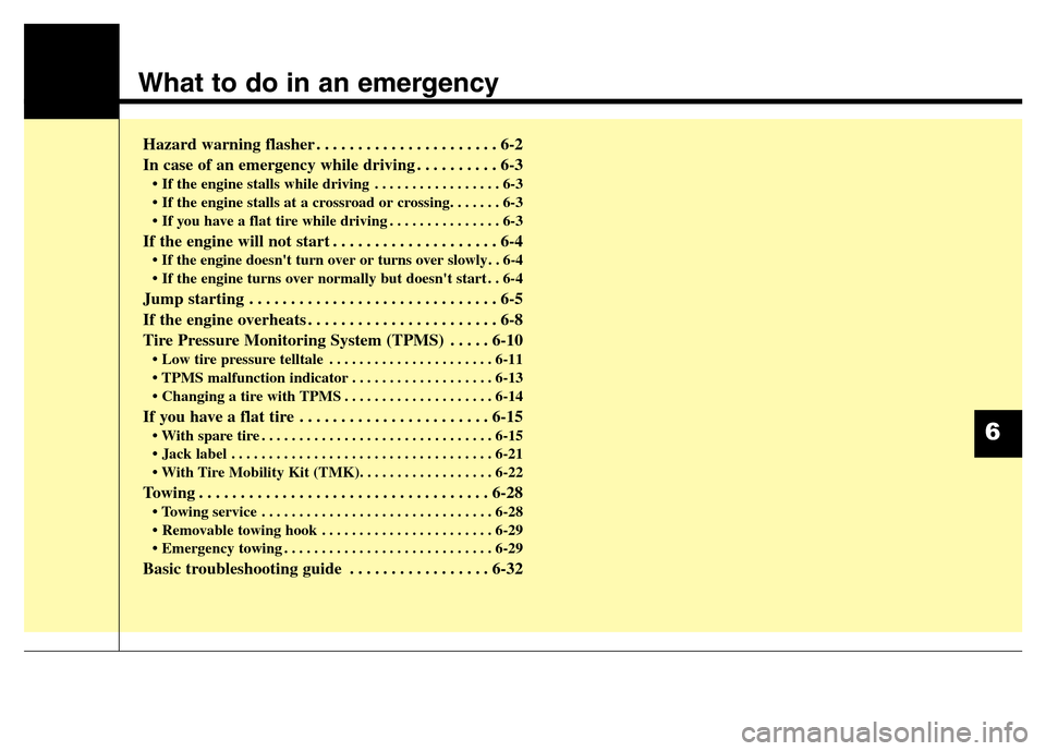 Hyundai Elantra Coupe 2016  Owners Manual What to do in an emergency
Hazard warning flasher . . . . . . . . . . . . . . . . . . . . . . 6-2
In case of an emergency while driving . . . . . . . . . . 6-3 
• If the engine stalls while driving 