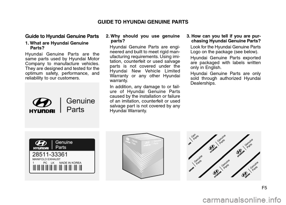 Hyundai Elantra Coupe 2016 Owners Manual F5
Guide to Hyundai Genuine Parts
1. What are Hyundai Genuine
Parts?
Hyundai Genuine Parts are the
same parts used by Hyundai Motor
Company to manufacture vehicles.
They are designed and tested for th Hyundai Elantra Coupe 2016 Owners Manual F5
Guide to Hyundai Genuine Parts
1. What are Hyundai Genuine
Parts?
Hyundai Genuine Parts are the
same parts used by Hyundai Motor
Company to manufacture vehicles.
They are designed and tested for th