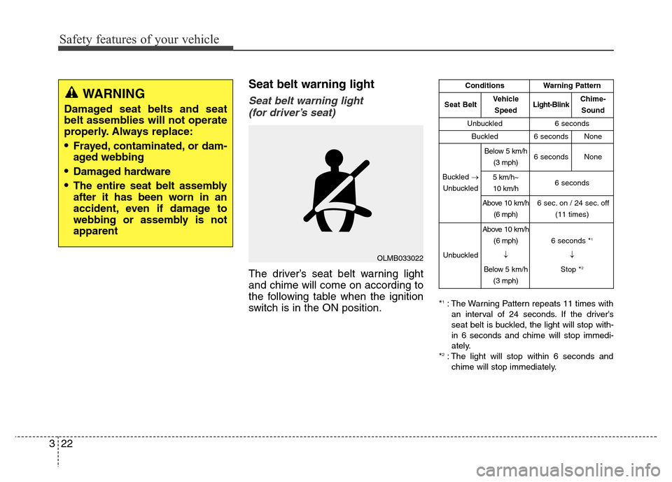 Hyundai Elantra Coupe 2016 Service Manual Safety features of your vehicle
22 3
Seat belt warning light 
Seat belt warning light 
(for driver’s seat) 
The driver’s seat belt warning light
and chime will come on according to
the following t