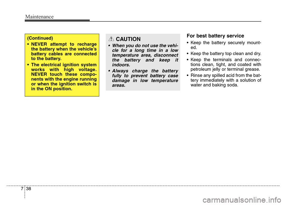 Hyundai Elantra Coupe 2016  Owners Manual Maintenance
38 7
For best battery service  
• Keep the battery securely mount-
ed.
• Keep the battery top clean and dry.
• Keep the terminals and connec-
tions clean, tight, and coated with
petr
