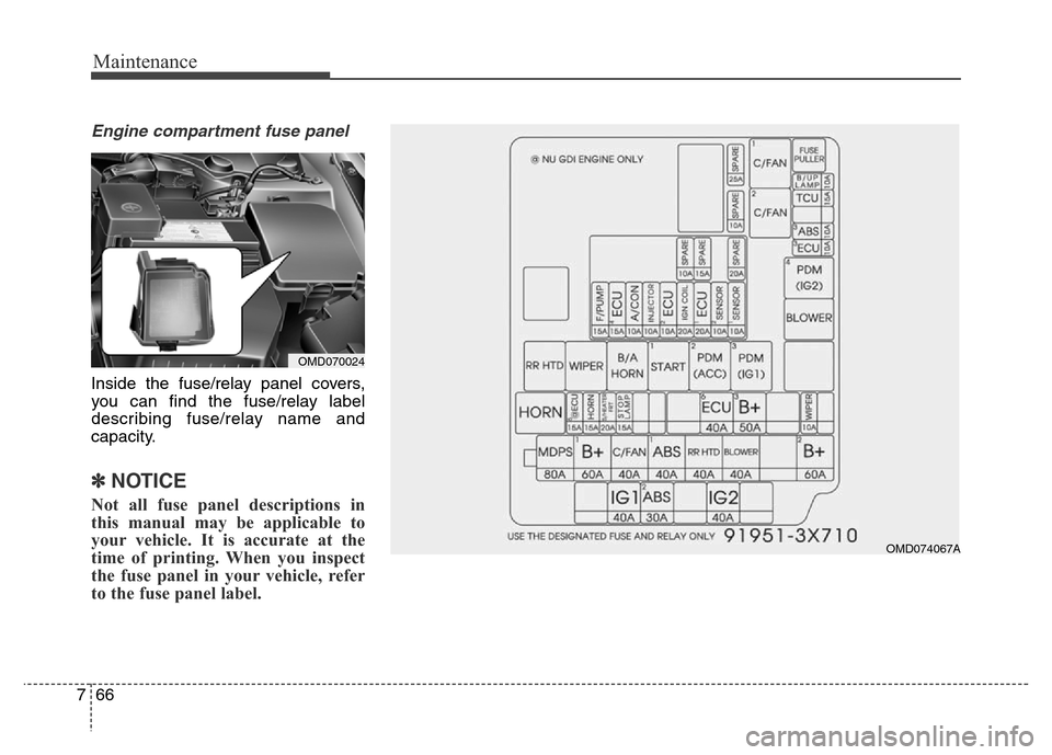 Hyundai Elantra Coupe 2016 Owners Manual Maintenance
66 7
Engine compartment fuse panel
Inside the fuse/relay panel covers,
you can find the fuse/relay label
describing fuse/relay name and
capacity.
✽NOTICE
Not all fuse panel descriptions Hyundai Elantra Coupe 2016 Owners Manual Maintenance
66 7
Engine compartment fuse panel
Inside the fuse/relay panel covers,
you can find the fuse/relay label
describing fuse/relay name and
capacity.
✽NOTICE
Not all fuse panel descriptions