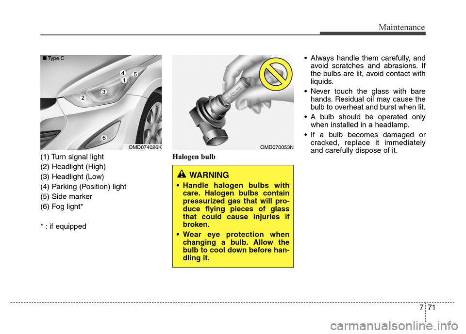 Hyundai Elantra Coupe 2016  Owners Manual 771
Maintenance
(1) Turn signal light
(2) Headlight (High)
(3) Headlight (Low)
(4) Parking (Position) light
(5) Side marker
(6) Fog light* 
* : if equippedHalogen bulb• Always handle them carefully,