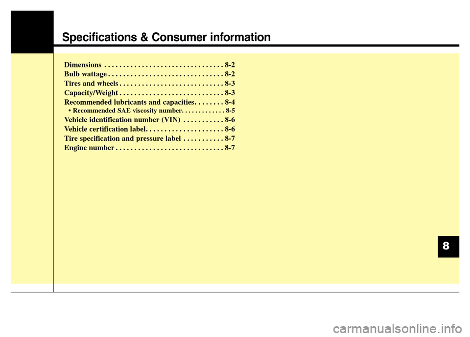 Hyundai Elantra Coupe 2016  Owners Manual Specifications & Consumer information
Dimensions . . . . . . . . . . . . . . . . . . . . . . . . . . . . . . . . 8-2
Bulb wattage . . . . . . . . . . . . . . . . . . . . . . . . . . . . . . . 8-2
Tire