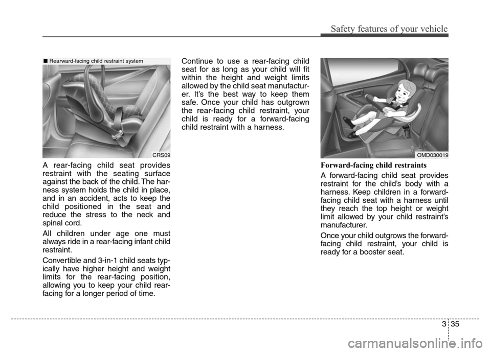 Hyundai Elantra Coupe 2016 Workshop Manual Safety features of your vehicle
335
A rear-facing child seat provides
restraint with the seating surface
against the back of the child. The har-
ness system holds the child in place,
and in an acciden