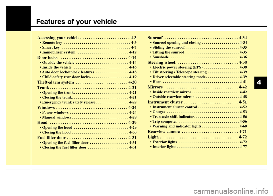 Hyundai Elantra Coupe 2016 Manual Online Features of your vehicle
Accessing your vehicle . . . . . . . . . . . . . . . . . . . . . . . 4-3
• Remote key  . . . . . . . . . . . . . . . . . . . . . . . . . . . . . . . . . . 4-3
• Smart key 