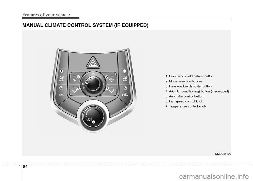 Hyundai Elantra Coupe 2014  Owners Manual Features of your vehicle
84 4
MANUAL CLIMATE CONTROL SYSTEM (IF EQUIPPED)
1. Front windshield defrost button
2. Mode selection buttons
3. Rear window defroster button
4. A/C (Air conditioning) button 