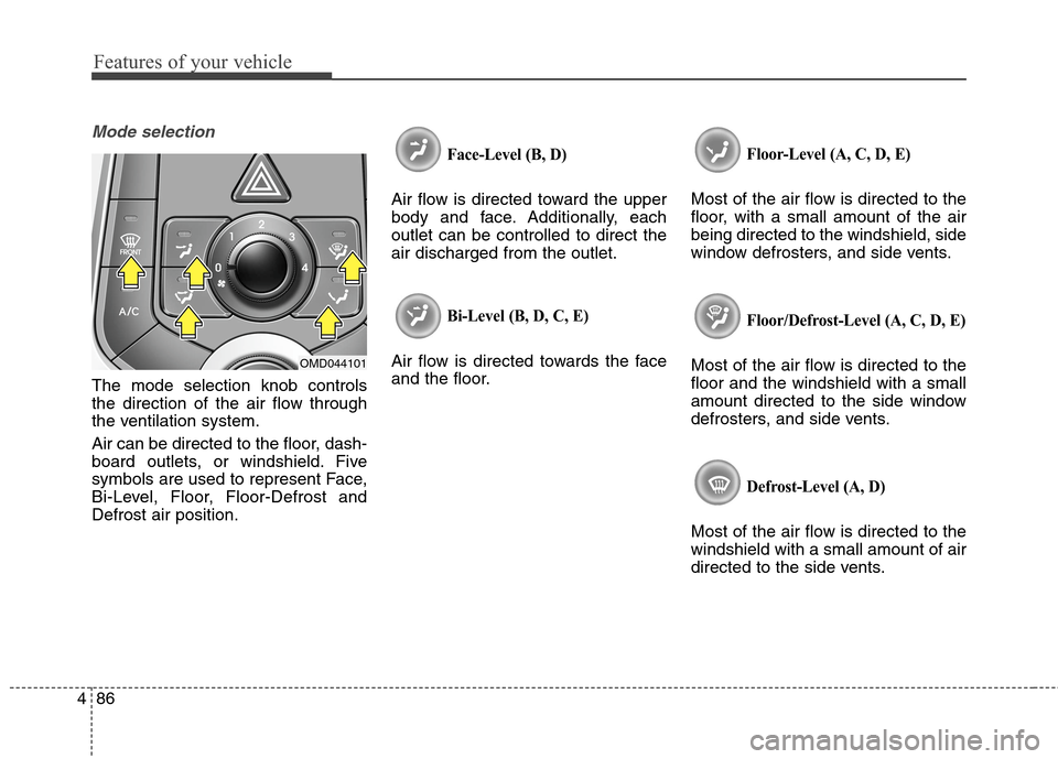 Hyundai Elantra Coupe 2014 Owners Manual Features of your vehicle
86 4
Mode selection
The mode selection knob controls
the direction of the air flow through
the ventilation system.
Air can be directed to the floor, dash-
board outlets, or wi Hyundai Elantra Coupe 2014 Owners Manual Features of your vehicle
86 4
Mode selection
The mode selection knob controls
the direction of the air flow through
the ventilation system.
Air can be directed to the floor, dash-
board outlets, or wi