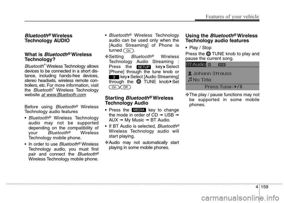 Hyundai Elantra Coupe 2014  Owners Manual 4159
Features of your vehicle
Bluetooth®Wireless
Technology AUDIO
What is 
Bluetooth®Wireless
Technology?
Bluetooth®Wireless Technology allows
devices to be connected in a short dis-
tance, includi