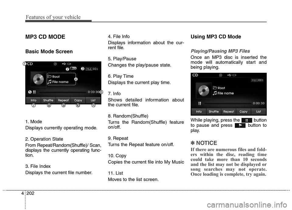 Hyundai Elantra Coupe 2014 Owners Manual Features of your vehicle
202 4
MP3 CD MODE
Basic Mode Screen
1. Mode
Displays currently operating mode.
2. Operation State
From Repeat/Random(Shuffle)/ Scan,
displays the currently operating func-
tio Hyundai Elantra Coupe 2014 Owners Manual Features of your vehicle
202 4
MP3 CD MODE
Basic Mode Screen
1. Mode
Displays currently operating mode.
2. Operation State
From Repeat/Random(Shuffle)/ Scan,
displays the currently operating func-
tio