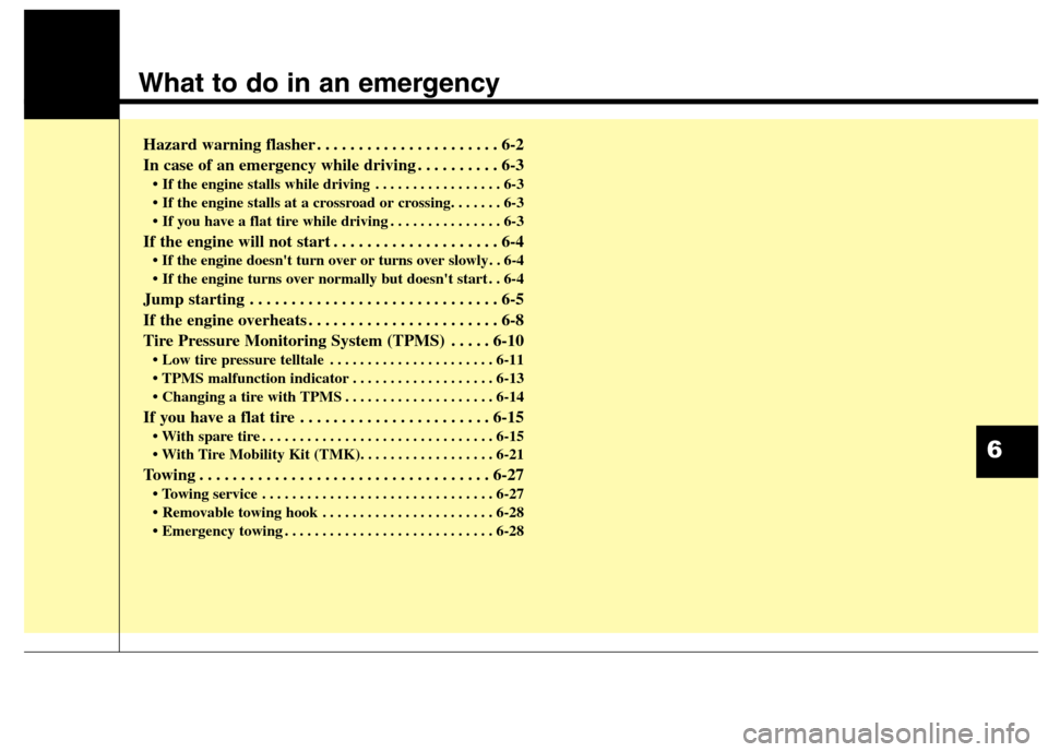 Hyundai Elantra Coupe 2014  Owners Manual What to do in an emergency
Hazard warning flasher . . . . . . . . . . . . . . . . . . . . . . 6-2
In case of an emergency while driving . . . . . . . . . . 6-3 
• If the engine stalls while driving 