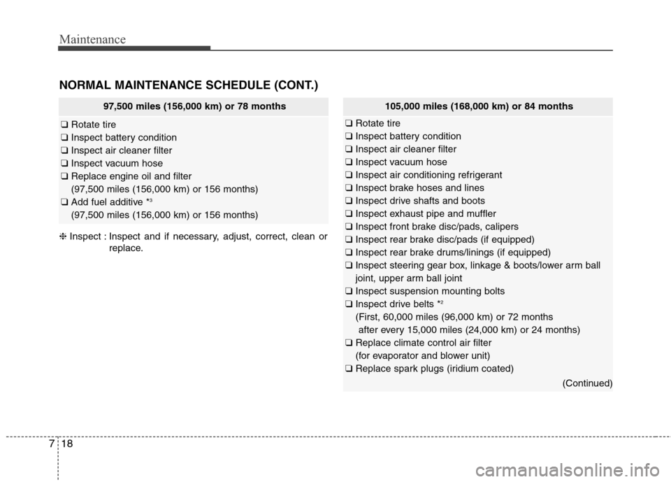 Hyundai Elantra Coupe 2014  Owners Manual Maintenance
18 7
NORMAL MAINTENANCE SCHEDULE (CONT.)
❈Inspect : Inspect and if necessary, adjust, correct, clean or
replace.
97,500 miles (156,000 km) or 78 months
❑Rotate tire
❑Inspect battery 