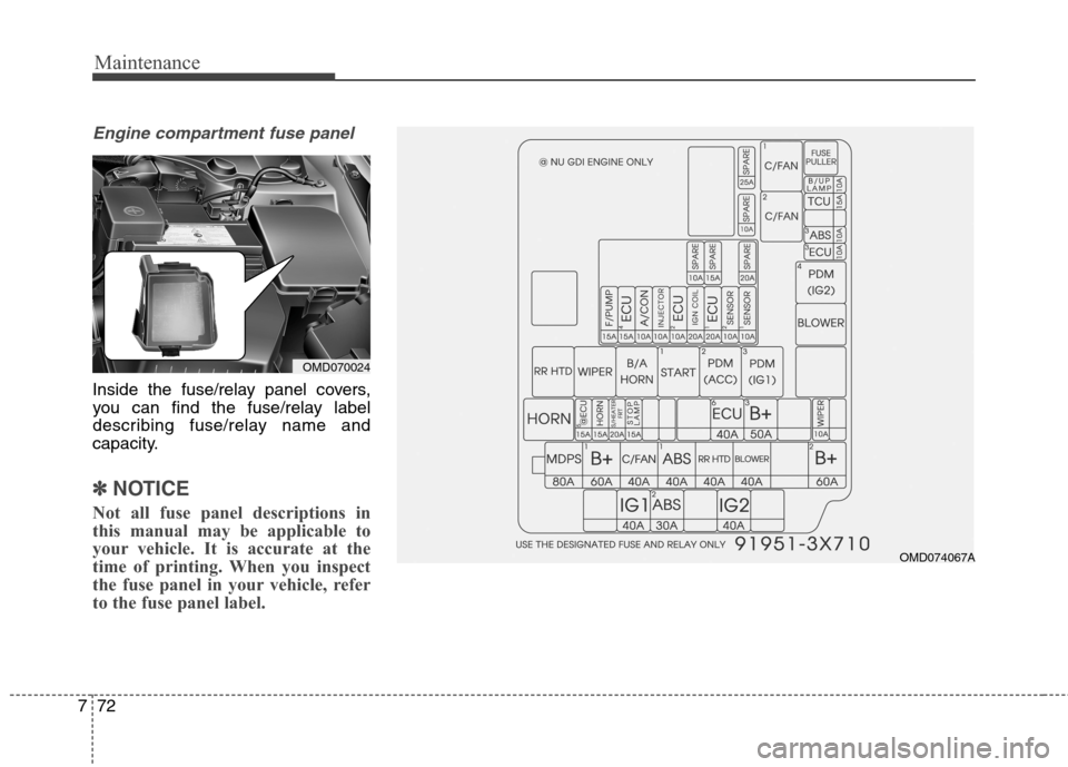 Hyundai Elantra Coupe 2014  Owners Manual Maintenance
72 7
Engine compartment fuse panel 
Inside the fuse/relay panel covers,
you can find the fuse/relay label
describing fuse/relay name and
capacity.
✽ ✽
NOTICE
Not all fuse panel descrip