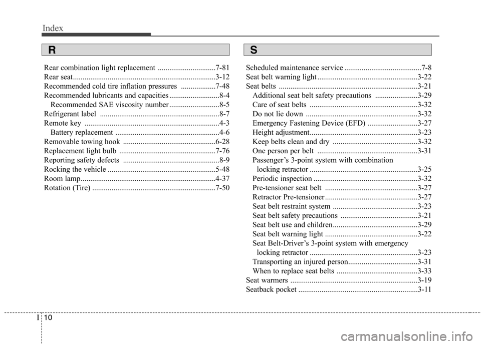 Hyundai Elantra Coupe 2014  Owners Manual Index
10I
Rear combination light replacement ..............................7-81
Rear seat..........................................................................3-12
Recommended cold tire inflation 