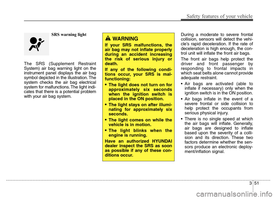Hyundai Elantra Coupe 2014 Repair Manual Safety features of your vehicle
351 SRS warning light
The SRS (Supplement Restraint
System) air bag warning light on the
instrument panel displays the air bag
symbol depicted in the illustration. The
Hyundai Elantra Coupe 2014 Repair Manual Safety features of your vehicle
351 SRS warning light
The SRS (Supplement Restraint
System) air bag warning light on the
instrument panel displays the air bag
symbol depicted in the illustration. The
