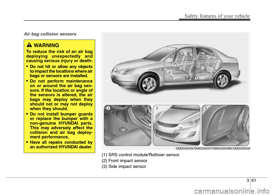 Hyundai Elantra Coupe 2014 Manual PDF Safety features of your vehicle
361
Air bag collision sensors
(1) SRS control module/Rollover sensor
(2) Front impact sensor
(3) Side impact sensor
WARNING
To reduce the risk of an air bag
deployin Hyundai Elantra Coupe 2014 Manual PDF Safety features of your vehicle
361
Air bag collision sensors
(1) SRS control module/Rollover sensor
(2) Front impact sensor
(3) Side impact sensor
WARNING
To reduce the risk of an air bag
deployin