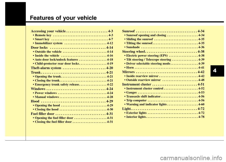 Hyundai Elantra Coupe 2014 Manual Online Features of your vehicle
Accessing your vehicle . . . . . . . . . . . . . . . . . . . . . . . 4-3
• Remote key  . . . . . . . . . . . . . . . . . . . . . . . . . . . . . . . . . . 4-3
 . . . . . . .