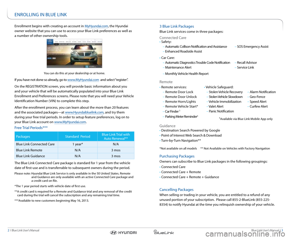 Hyundai Elantra Coupe 2014  Blue Link Audio Manual Blue link User’s Manual   i  3
2  i   Blue link User’s Manual
enrollment begins with creating an account in MyHyundai.com, the Hyundai 
owner website that you can use to access your Blue link pref