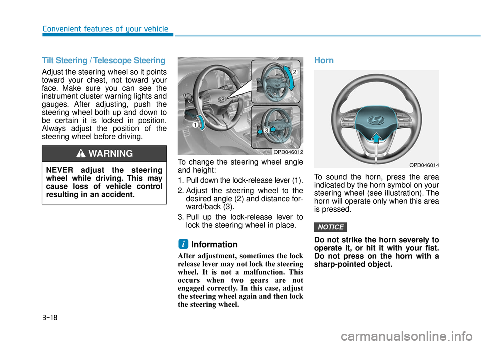 Hyundai Elantra GT 2018  Owners Manual 3-18
Convenient features of your vehicle
Tilt Steering / Telescope Steering
Adjust the steering wheel so it points
toward your chest, not toward your
face. Make sure you can see the
instrument cluster