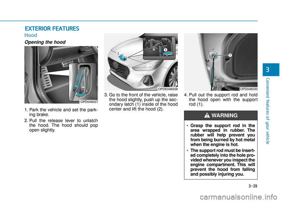 Hyundai Elantra GT 2018  Owners Manual 3-39
Convenient features of your vehicle
Hood
Opening the hood 
1. Park the vehicle and set the park-ing brake.
2. Pull the release lever to unlatch the hood. The hood should pop
open slightly. 3. Go 