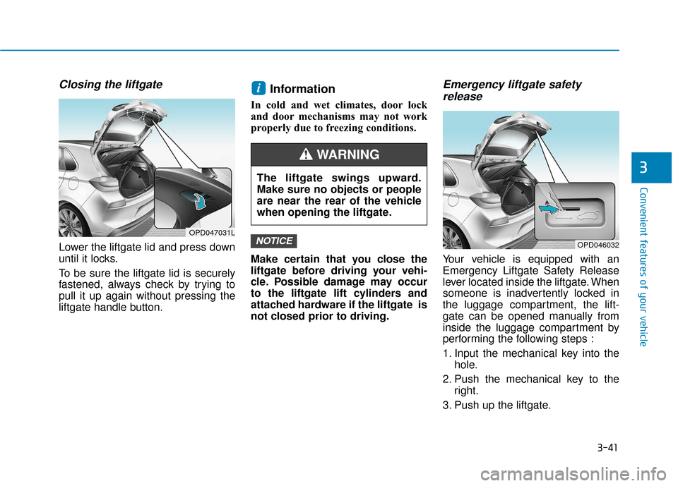 Hyundai Elantra GT 2018  Owners Manual 3-41
Convenient features of your vehicle
3
Closing the liftgate
Lower the liftgate lid and press down
until it locks.
To be sure the liftgate lid is securely
fastened, always check by trying to
pull i