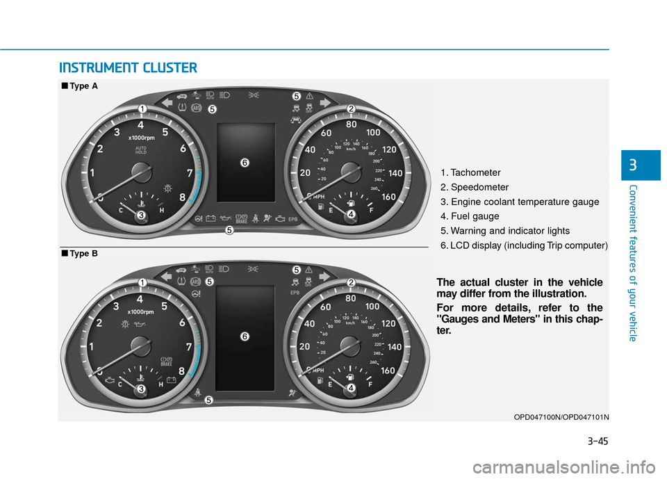 Hyundai Elantra GT 2018  Owners Manual 3-45
Convenient features of your vehicle
I
IN
N S
ST
T R
R U
U M
M E
EN
N T
T 
 C
C L
LU
U S
ST
T E
ER
R
31. Tachometer 
2. Speedometer
3. Engine coolant temperature gauge
4. Fuel gauge
5. Warning and