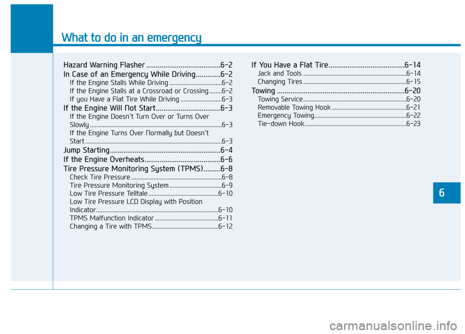 Hyundai Elantra GT 2018  Owners Manual What to do in an emergency
6
Hazard Warning Flasher .......................................6-2
In Case of an Emergency While Driving.............6-2
If the Engine Stalls While Driving ................