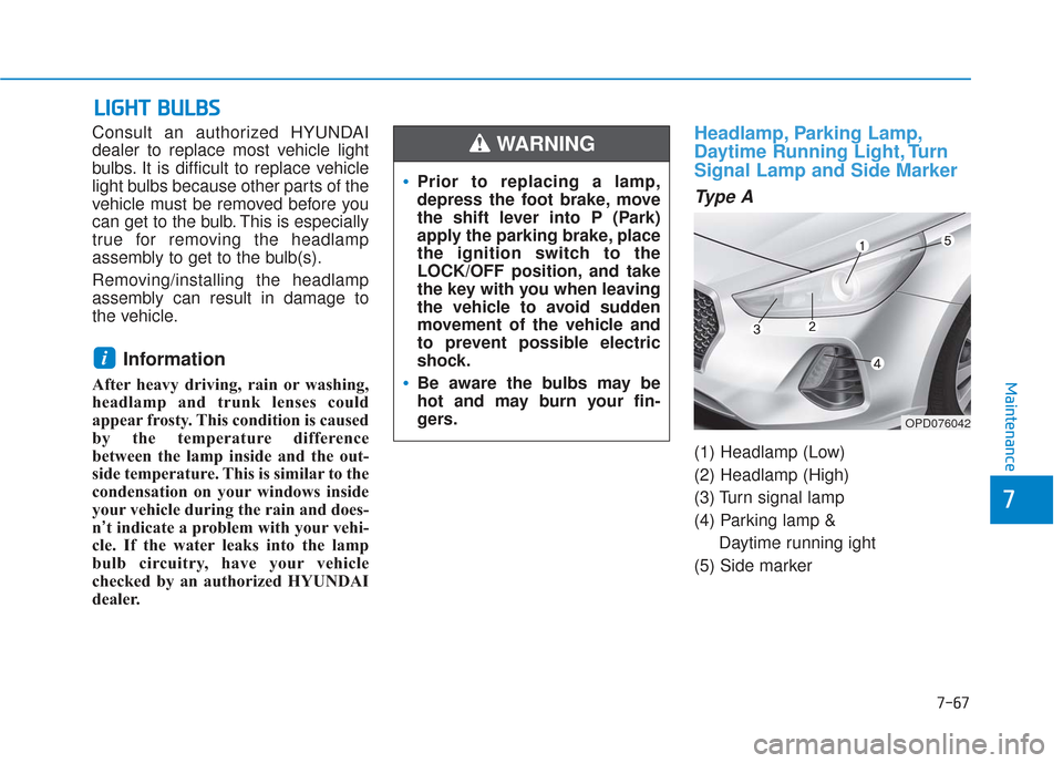 Hyundai Elantra GT 2018 Owners Manual 7-67
7
Maintenance
L
LI
IG
G H
H T
T
B
B U
U L
LB
B S
S
Consult an authorized HYUNDAI
dealer to replace most vehicle light
bulbs. It is difficult to replace vehicle
light bulbs because other parts o Hyundai Elantra GT 2018 Owners Manual 7-67
7
Maintenance
L
LI
IG
G H
H T
T
B
B U
U L
LB
B S
S
Consult an authorized HYUNDAI
dealer to replace most vehicle light
bulbs. It is difficult to replace vehicle
light bulbs because other parts o