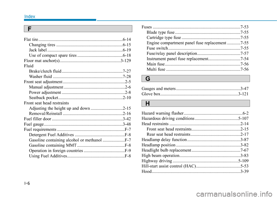 Hyundai Elantra GT 2018 Owners Manual I-6
Flat tire ........................................................................\
....6-14Changing tires ............................................................6-15
Jack label ............. Hyundai Elantra GT 2018 Owners Manual I-6
Flat tire ........................................................................\
....6-14Changing tires ............................................................6-15
Jack label .............