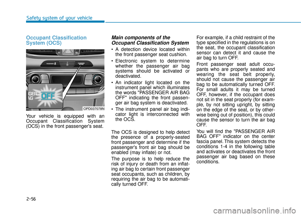 Hyundai Elantra GT 2018 Manual PDF 2-56
Safety system of your vehicle
Occupant Classification
System (OCS)
Your vehicle is equipped with an
Occupant Classification System
(OCS) in the front passengers seat.
Main components of theOccup