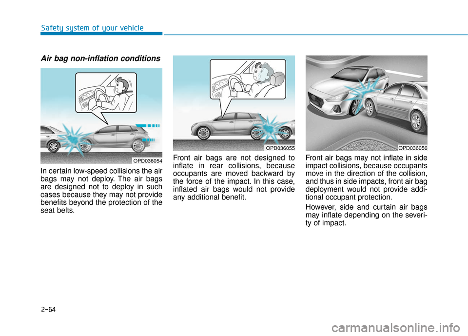 Hyundai Elantra GT 2018 Manual Online 2-64
Safety system of your vehicle
Air bag non-inflation conditions 
In certain low-speed collisions the air
bags may not deploy. The air bags
are designed not to deploy in such
cases because they may