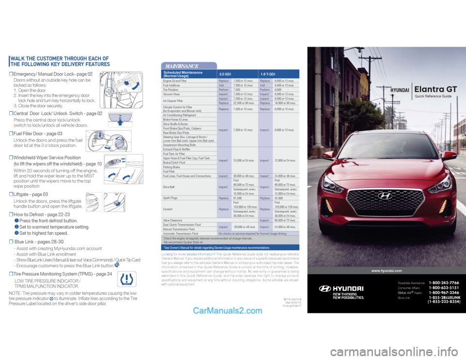 Hyundai Elantra GT 2018  Quick Reference Guide Elantra GT
www.hyundai.com
Roadside Assistance:
  1-800-243-7766 
Consumer Affairs:
    1-800-633-5151 
Sirius 
XM®
Radio:
    1-800-967-2346 
Blue Link:
    1-855-2BLUELINK 
 (1-855-225-8354)
HYUNDA