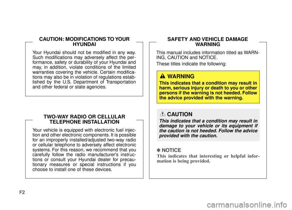 Hyundai Elantra GT 2017  Owners Manual F2Your Hyundai should not be modified in any way.
Such modifications may adversely affect the per-
formance, safety or durability of your Hyundai and
may, in addition, violate conditions of the limite