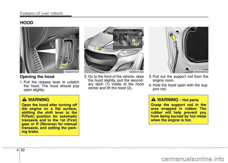Hyundai Elantra GT 2017 Owners Manual Features of your vehicle
32
4
HOOD
Opening the hood
1. Pull the release lever to unlatch
the hood. The hood should pop
open slightly. 2. Go to the front of the vehicle, raise
the hood slightly, pull Hyundai Elantra GT 2017 Owners Manual Features of your vehicle
32
4
HOOD
Opening the hood
1. Pull the release lever to unlatch
the hood. The hood should pop
open slightly. 2. Go to the front of the vehicle, raise
the hood slightly, pull