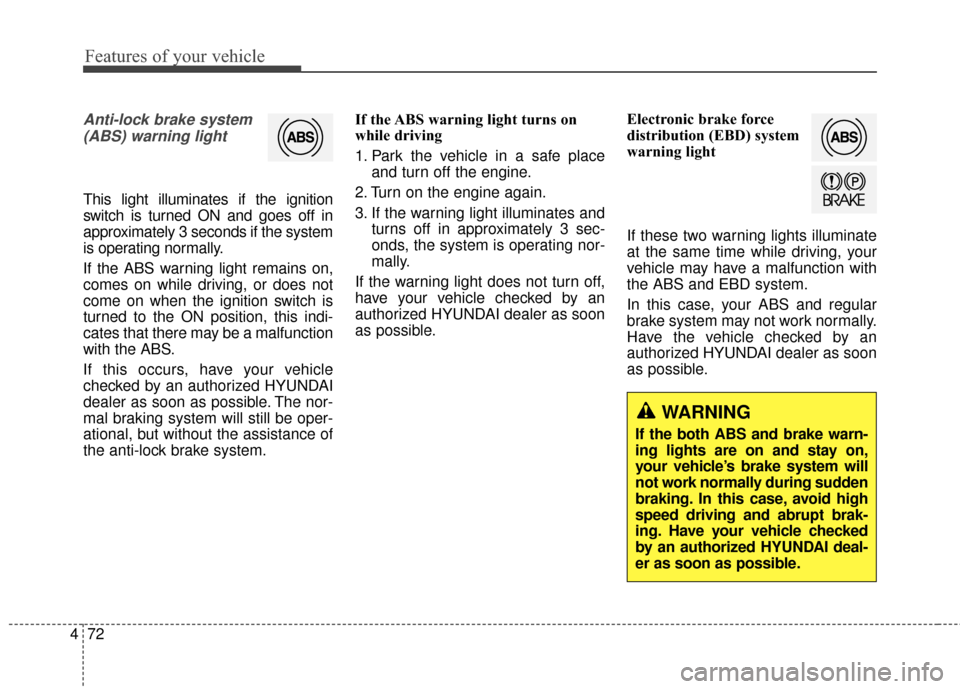 Hyundai Elantra GT 2017 Owners Manual Features of your vehicle
72
4
Anti-lock brake system
(ABS) warning light
This light illuminates if the ignition
switch is turned ON and goes off in
approximately 3 seconds if the system
is operating Hyundai Elantra GT 2017 Owners Manual Features of your vehicle
72
4
Anti-lock brake system
(ABS) warning light
This light illuminates if the ignition
switch is turned ON and goes off in
approximately 3 seconds if the system
is operating