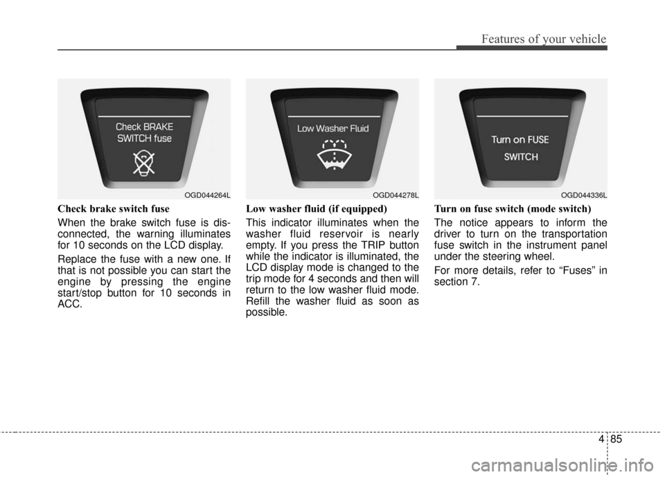 Hyundai Elantra GT 2017 Owners Manual 485
Features of your vehicle
Check brake switch fuse
When the brake switch fuse is dis-
connected, the warning illuminates
for 10 seconds on the LCD display.
Replace the fuse with a new one. If
that i Hyundai Elantra GT 2017 Owners Manual 485
Features of your vehicle
Check brake switch fuse
When the brake switch fuse is dis-
connected, the warning illuminates
for 10 seconds on the LCD display.
Replace the fuse with a new one. If
that i