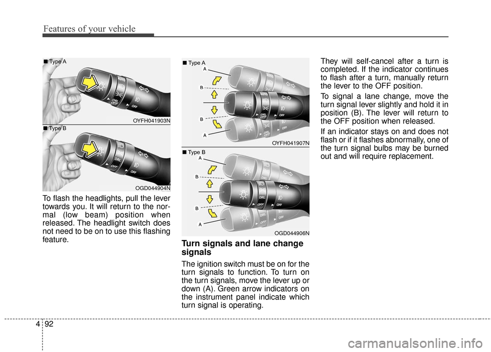 Hyundai Elantra GT 2017  Owners Manual Features of your vehicle
92
4
To flash the headlights, pull the lever
towards you. It will return to the nor-
mal (low beam) position when
released. The headlight switch does
not need to be on to use 