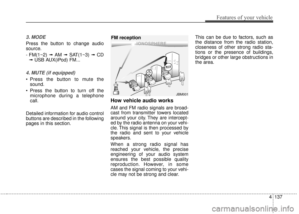 Hyundai Elantra GT 2017  Owners Manual 4137
Features of your vehicle
3. MODE
Press the button to change audio
source.
- FM(1~2) ➟ AM  ➟ SAT(1~3)  ➟ CD
➟  USB AUX(iPod) FM...
4. MUTE (if equipped)
 Press the button to mute the
sound