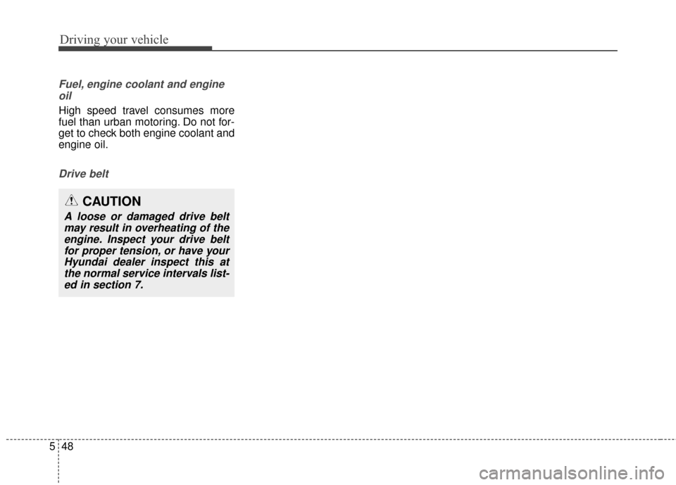 Hyundai Elantra GT 2017 Owners Manual Driving your vehicle
48
5
Fuel, engine coolant and engine
oil
High speed travel consumes more
fuel than urban motoring. Do not for-
get to check both engine coolant and
engine oil.
Drive belt
CAUTION
Hyundai Elantra GT 2017 Owners Manual Driving your vehicle
48
5
Fuel, engine coolant and engine
oil
High speed travel consumes more
fuel than urban motoring. Do not for-
get to check both engine coolant and
engine oil.
Drive belt
CAUTION