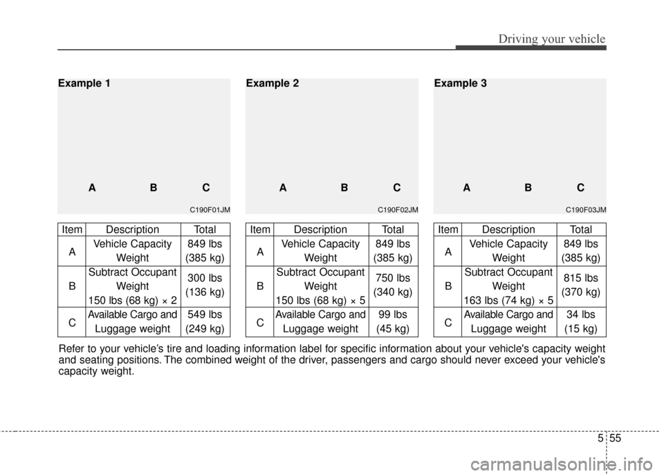 Hyundai Elantra GT 2017 Owners Manual 555
Driving your vehicle
Refer to your vehicle’s tire and loading information label for specific information about your vehicles capacity weight
and seating positions. The combined weight of the dr Hyundai Elantra GT 2017 Owners Manual 555
Driving your vehicle
Refer to your vehicle’s tire and loading information label for specific information about your vehicles capacity weight
and seating positions. The combined weight of the dr